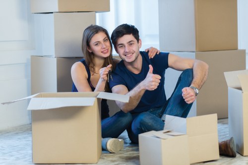 Packed office furniture and boxes prepared for relocation